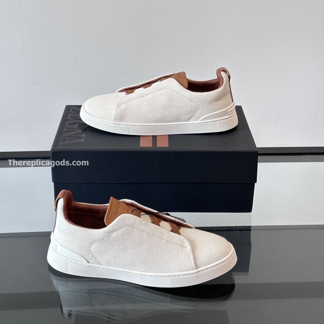 DUST WHITE COTTON LINEN AND LEATHER TRIPLE STITCH SNEAKERS
