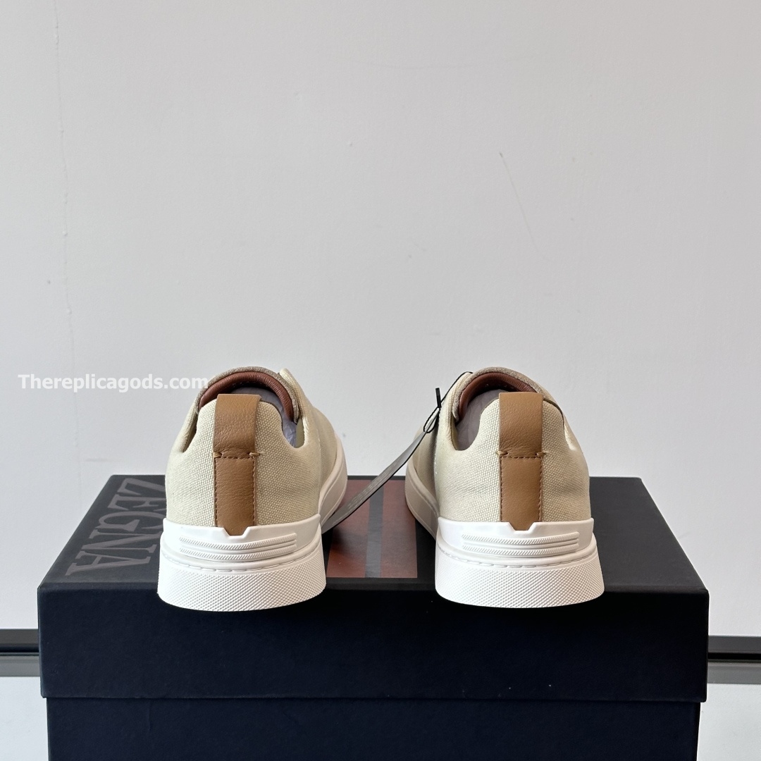 LIGHT BEIGE COTTON LINEN AND LEATHER TRIPLE STITCH SNEAKERS