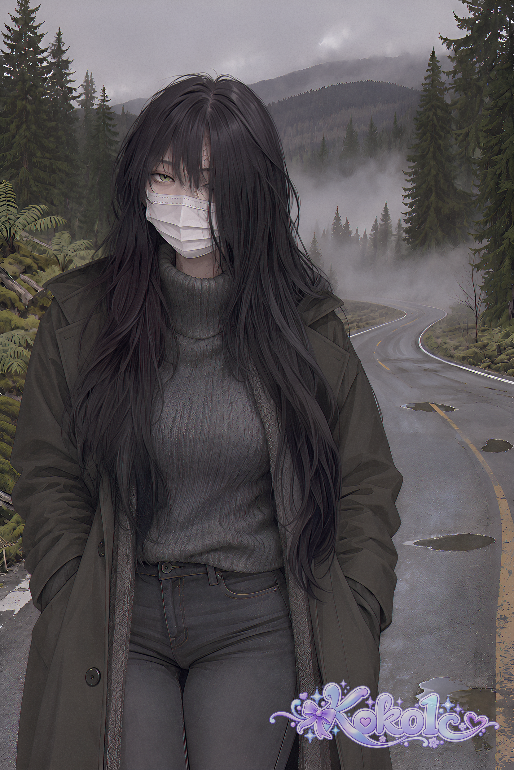 Erin with her mask and long black hair