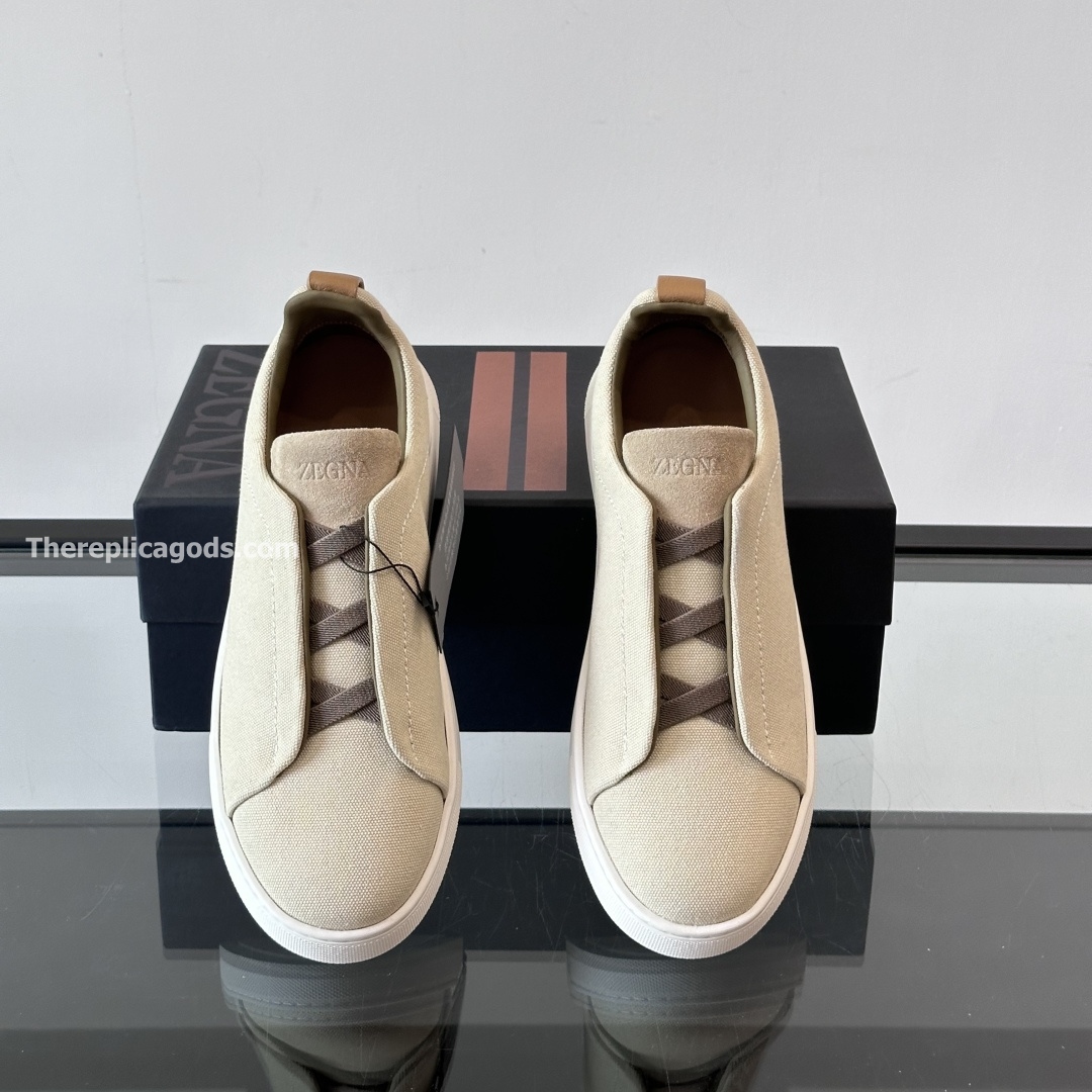 LIGHT BEIGE COTTON LINEN AND LEATHER TRIPLE STITCH SNEAKERS