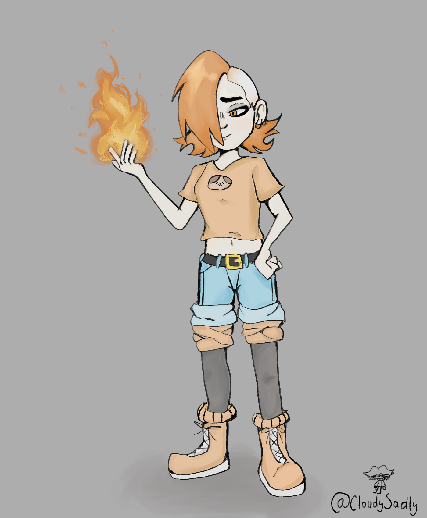 Ember in her normal clothes with fire burning out of her hand.