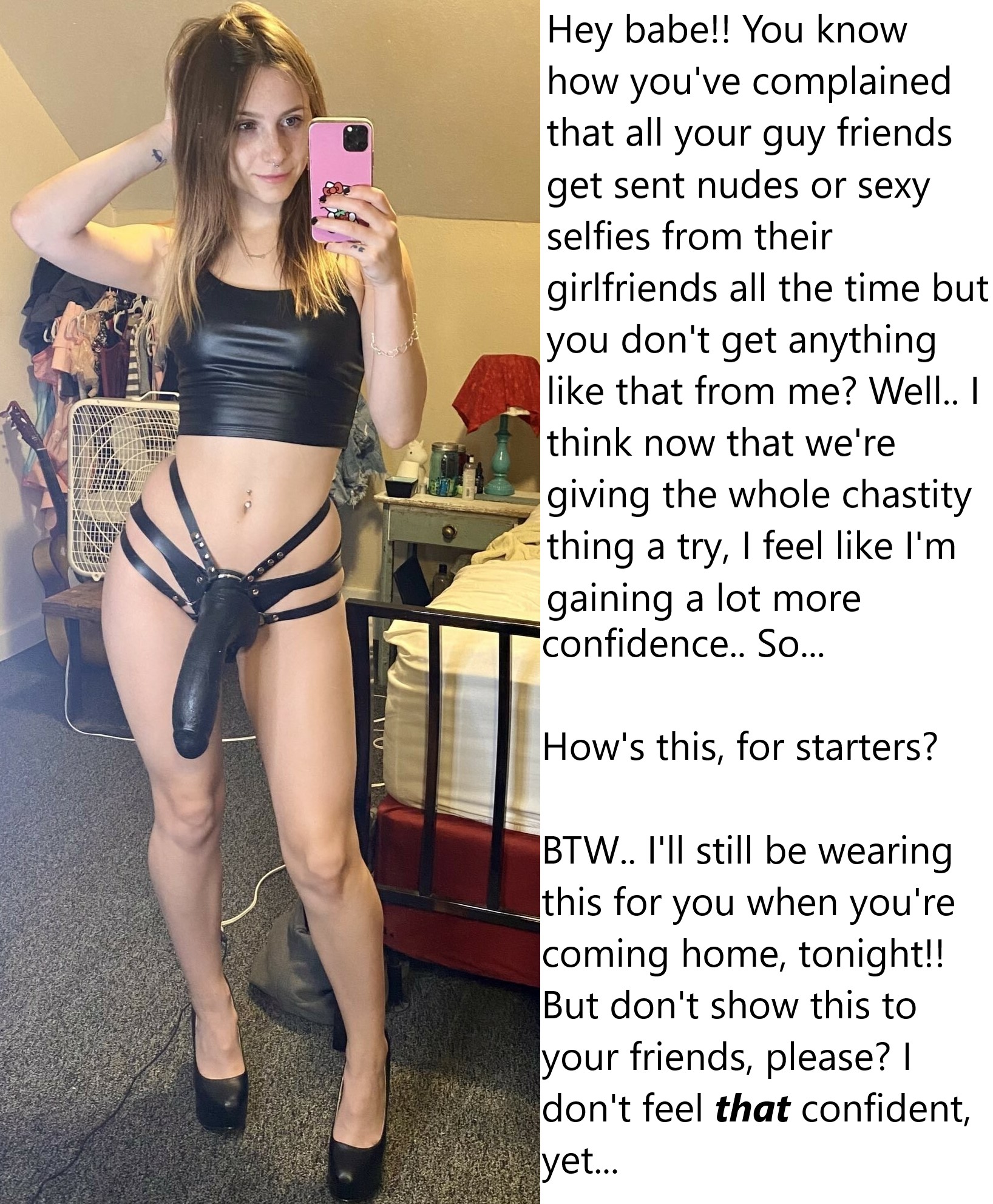 Chastity Fantasy: Caption 374. Chastity can do wonders in relationships. Finally you get your first sexy mirror selfie. Aren't you excited??