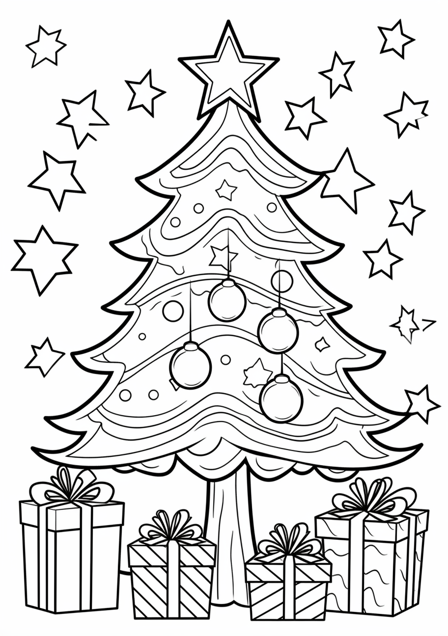 Gift laden Christmas Tree with Star Topper - Printable Coloring Page ...