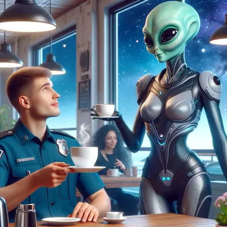 An alien girl in a futuristic outfit brings a cup of coffee to a human police officer sitting at a cafe. The scene is a blend of everyday life with a sci-fi twist. The alien girl has distinctive features such as green skin and subtle antennae, wearing a sleek, modern uniform. The police officer, in a standard blue uniform, looks up with a mix of surprise and appreciation. The cafe has an interstellar theme with stars visible through the windows, showcasing a harmonious interaction between species.