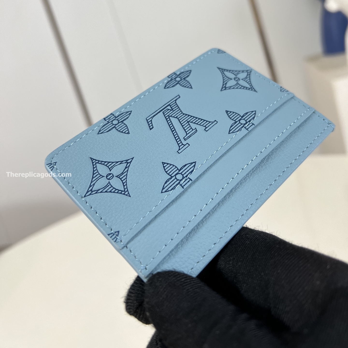 DOUBLE CARD HOLDER SKY BLUE MONOGRAM SHADOW CALF LEATHER M14791