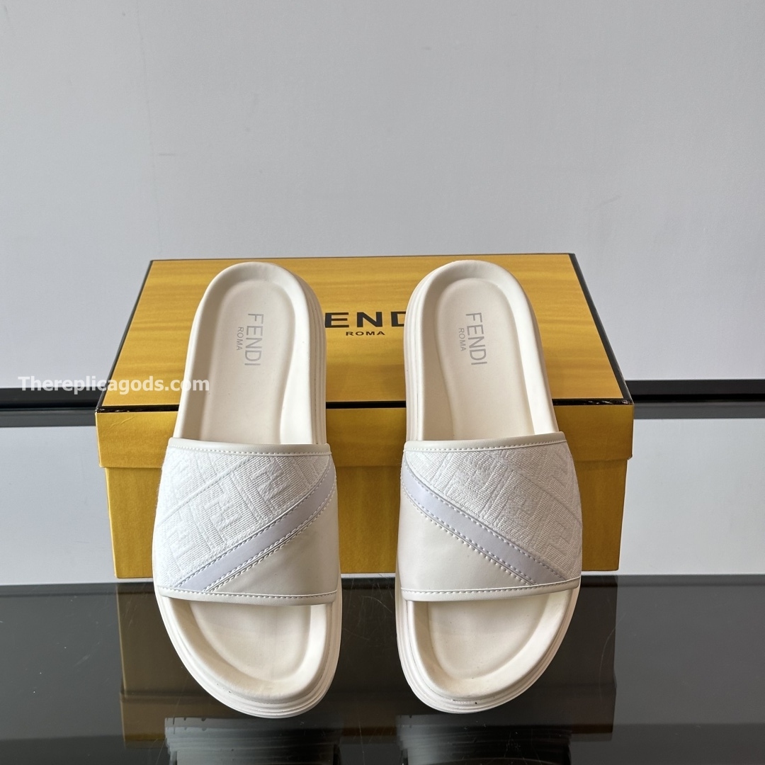DIAGONAL SLIDES WHITE FF JACQUARD AND LEATHER SLIDES - FDS10