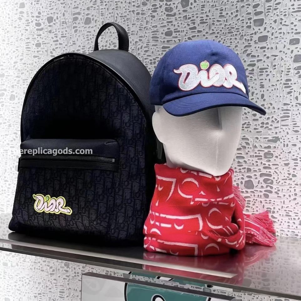 AND KAWS RIDER 2.0 ZIPPED BACKPACK BLACK GRAINED CALFSKIN AND OBLIQUE JACQUARD