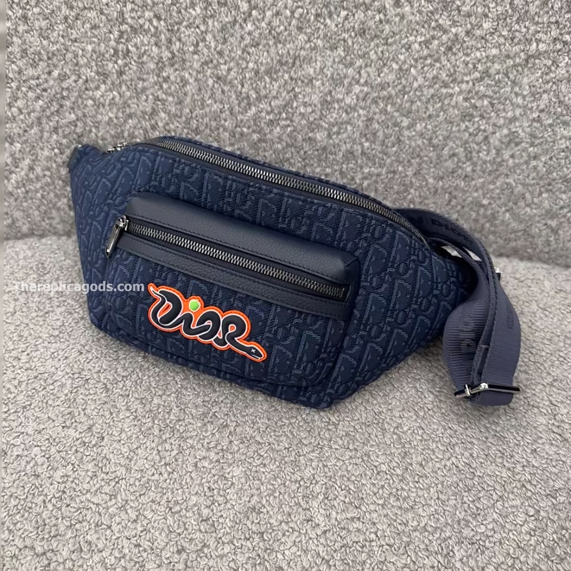 AND KAWS RIDER 2.0 BELT BAG NAVY BLUE OBLIQUE JACQUARD AND GRAINED CALFSKIN