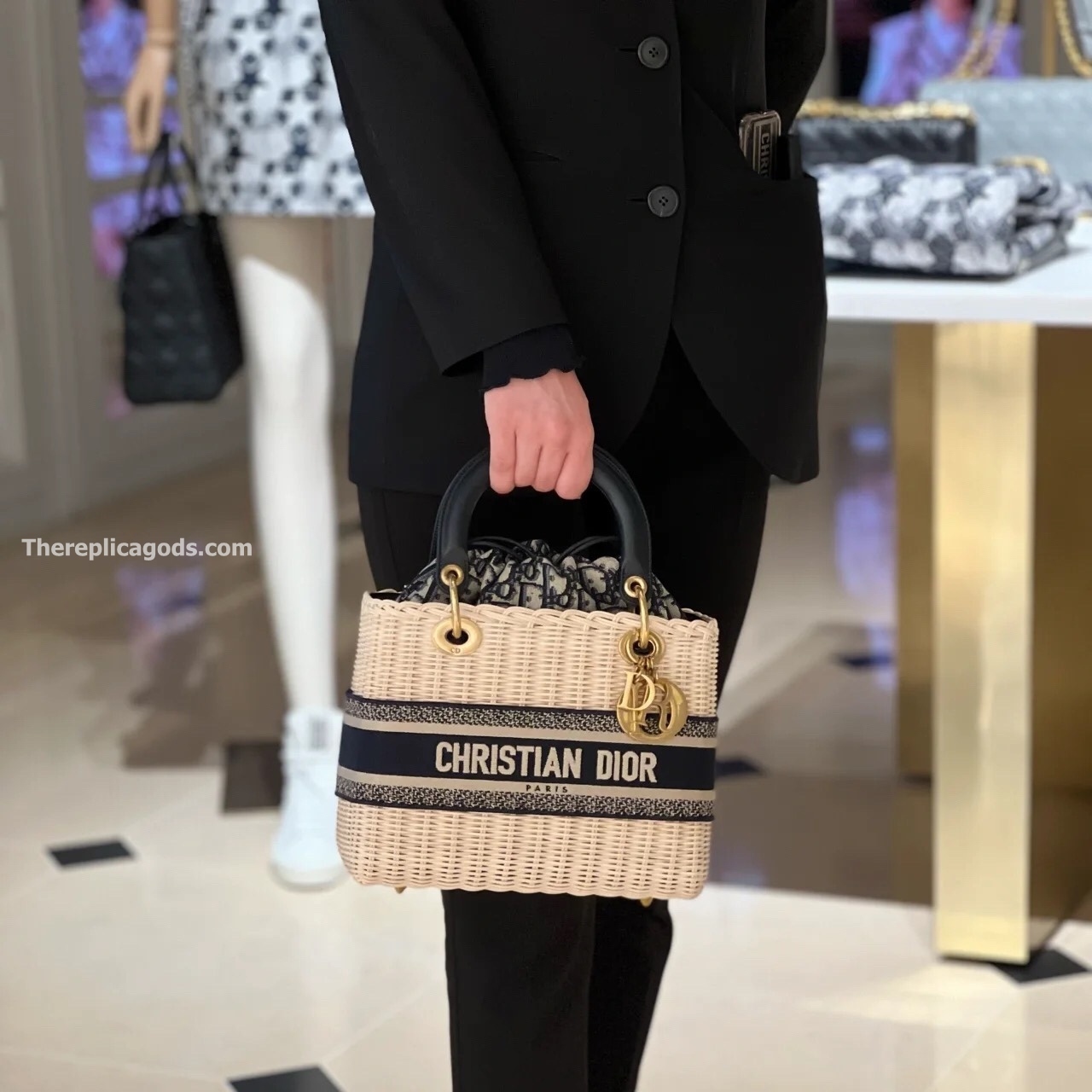 MEDIUM LADY BAG NATURAL WICKER OBLIQUE JACQUARD