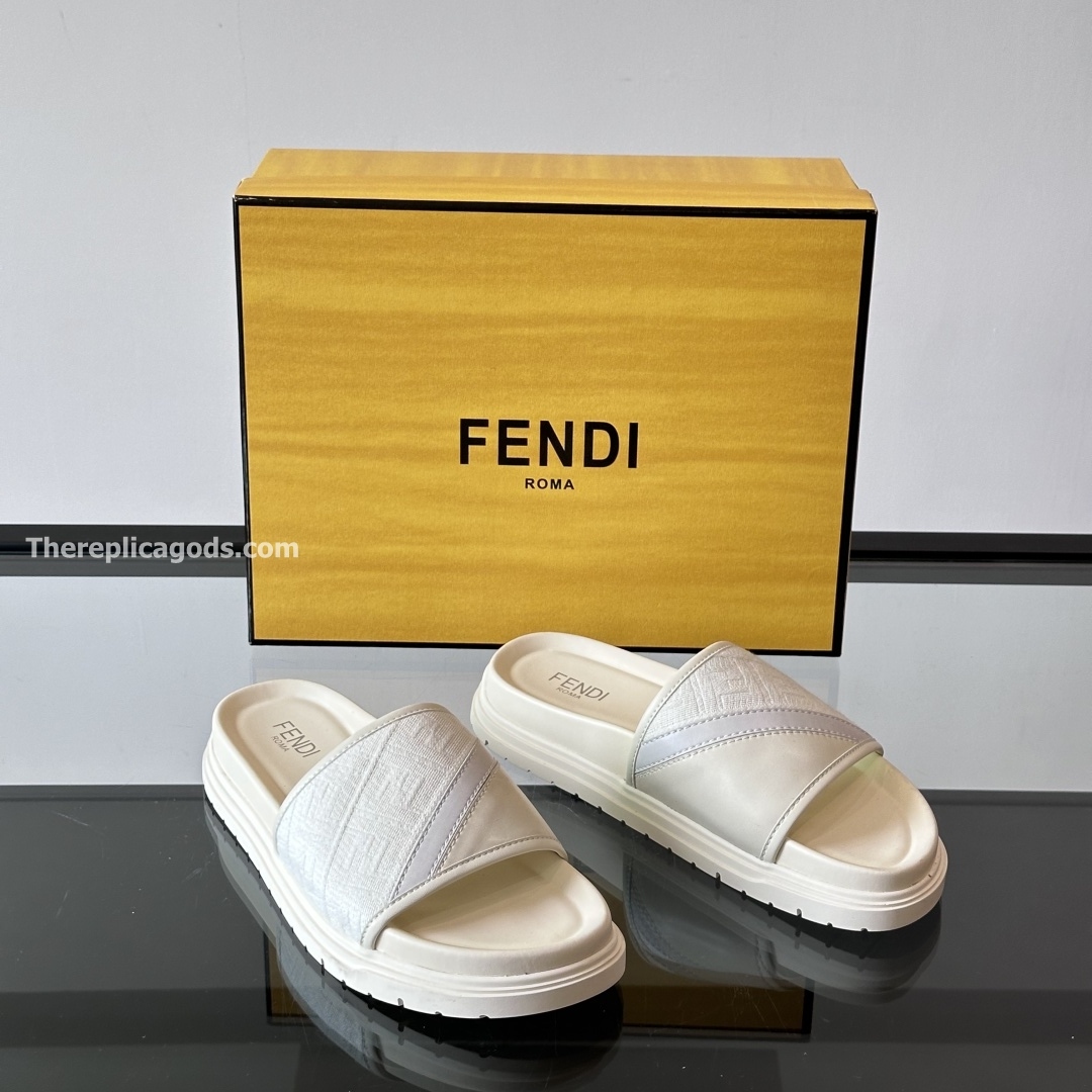 DIAGONAL SLIDES WHITE FF JACQUARD AND LEATHER SLIDES - FDS10