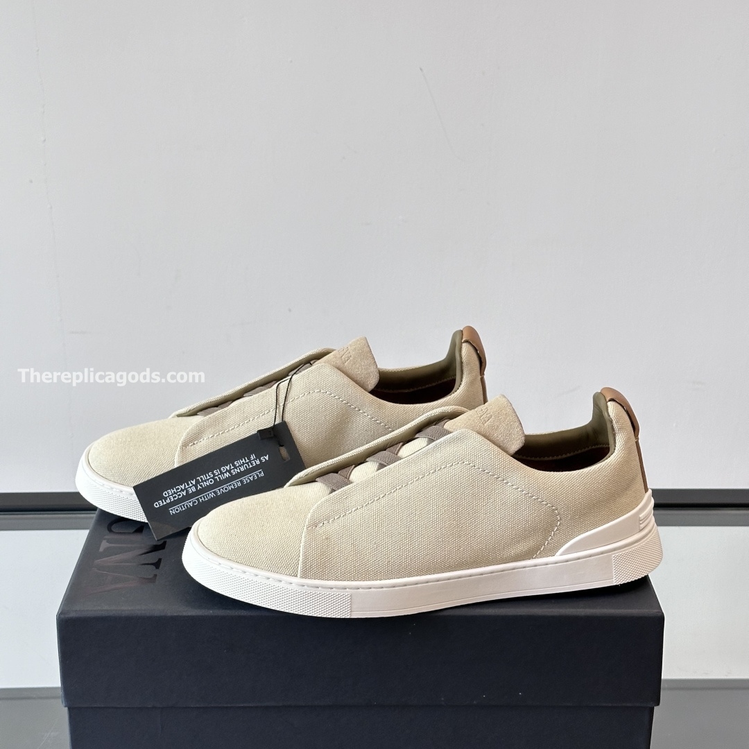 LIGHT BEIGE COTTON LINEN AND LEATHER TRIPLE STITCH SNEAKERS