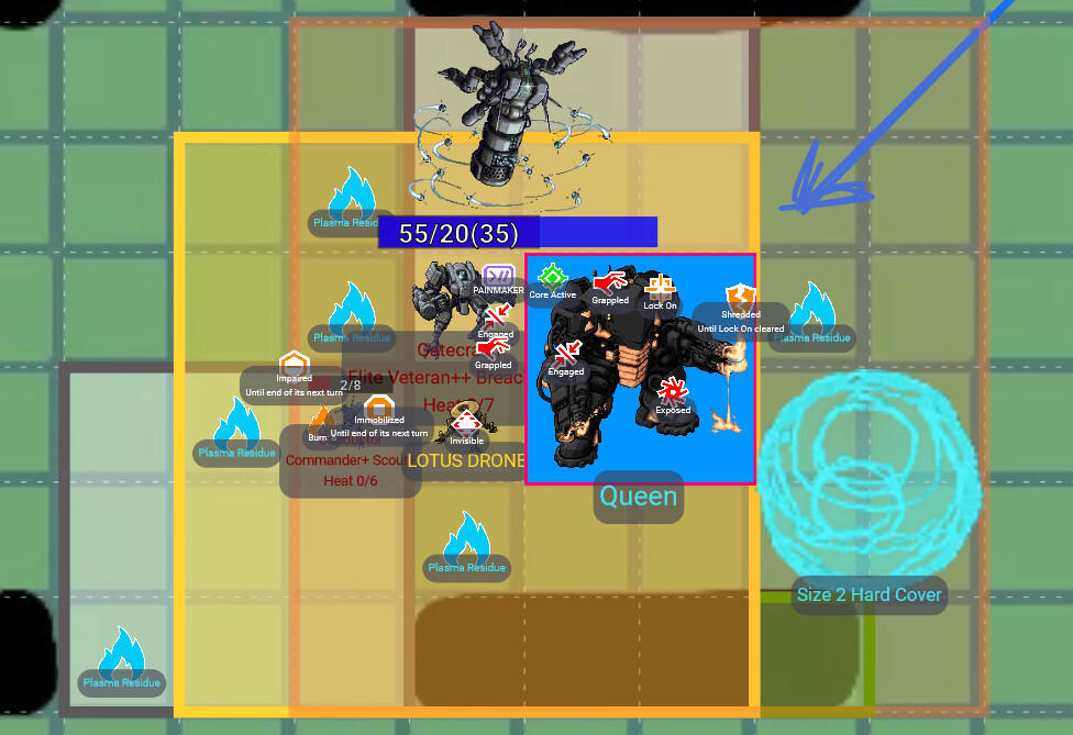 A screencap of a Lancer battlemap, my Genghis mech being Exposed, Shredded, Locked On, Core Power Active, Grappling and Engaged with a Breacher enemy, while there's multiple plasma residue fires around us, a destroyed mech on top and another on fire to the left