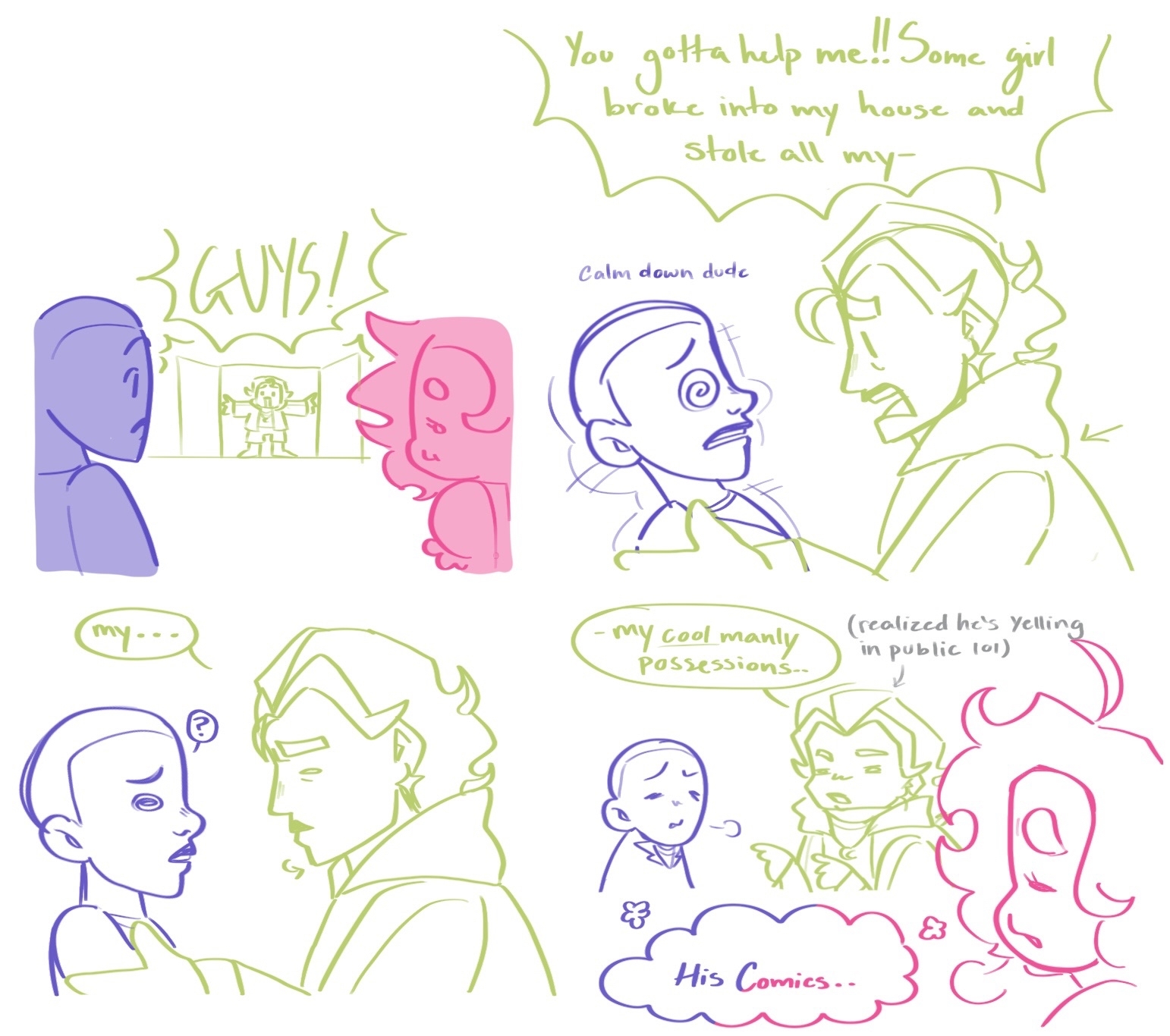 Mateo: 'GUYS! You gotta help me!! Some girl broke into my house and stole all my-' Amir: 'Calm down dude' Mateo: 'my...' Amir:'?' Mateo:'-my cool manky possessions..' Mateo says as he realizes he's yelling in public lol. Amir and Summer:'His Comics .'