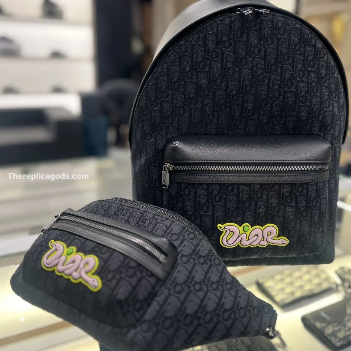 AND KAWS RIDER 2.0 ZIPPED BACKPACK BLACK GRAINED CALFSKIN AND OBLIQUE JACQUARD
