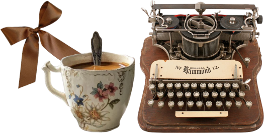 A dark brown bow titled to the left in the top right, with a cup of tea in an ornately decroated porcelain cup with a silver spoon sticking out of the top. To the right of the cup is an old brown typewriter.
