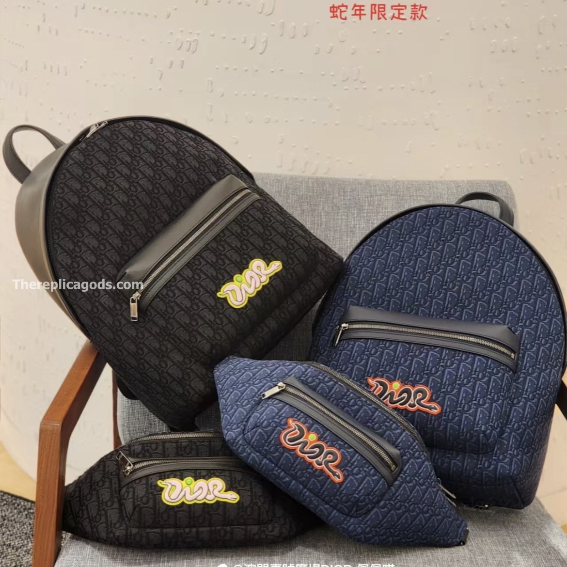 AND KAWS RIDER 2.0 ZIPPED BACKPACK NAVY BLUE GRAINED CALFSKIN AND OBLIQUE JACQUARD