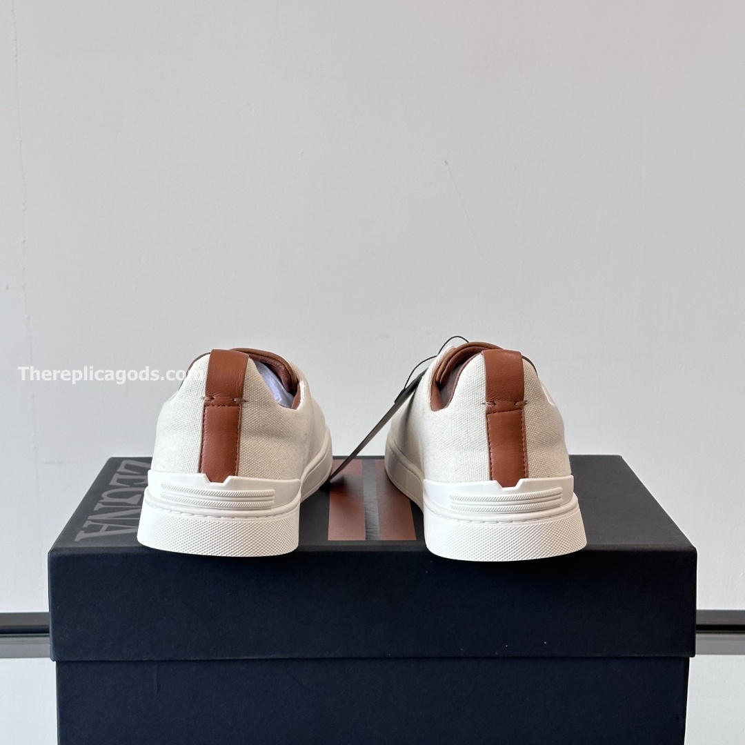DUST WHITE COTTON LINEN AND LEATHER TRIPLE STITCH SNEAKERS