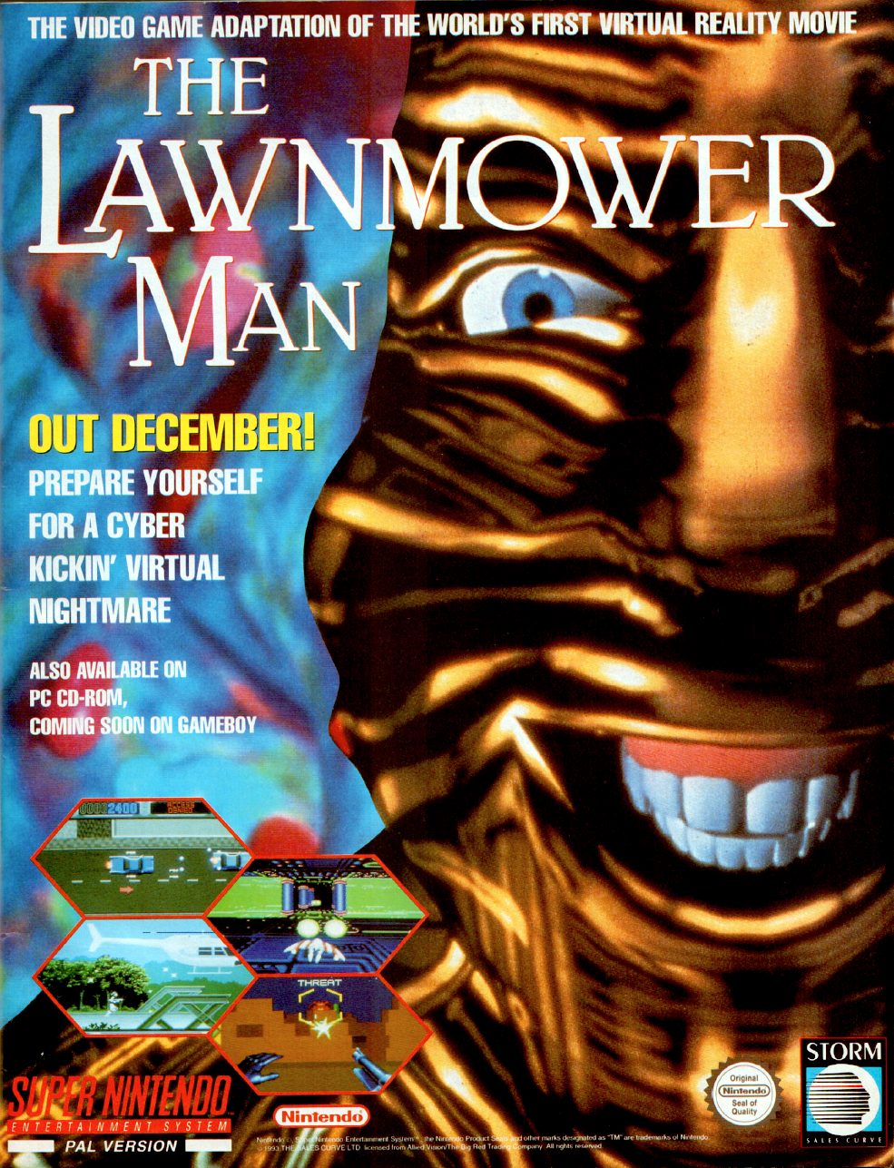 Image For Post | Description
The Lawnmower Man is the game based on the 1992 movie of the same name (itself loosely based on a Stephen King short story) starring pre-Bond fame Pierce Brosnan as Dr. Lawrence Angelo, a scientist working for Virtual Space Industries in "Project 5", a secret research that attempts to increase the intelligence of primates using psychotropic drugs and VR training.

While the CD version of the game (PC, Sega CD) is an interactive movie, all three cartridge versions are platformers. The player takes control of either Dr. Angelo or Carla Parkette (the mother of Jobe's best friend) in typical side-scrolling shooting action, similar to Contra and Metal Slug. The player collects weapon upgrades or data discs. Once the player has collected a number of data discs, the discs morph into a Virtual Suit that gives the player protection from one hit.

The player visits several locations seen in the movie, such as Harley's Gas 'Er Up and the VSI headquarters. The game includes true 3D level connectors that are based on the CG sequences of the movie. These involve avoiding obstacles and the occasional high-speed shooting in the VR world. There are four different levels (Virtual World, Cyber War, Cyber Run and Cyber Tube), and each takes a slightly different approach. 

Virtual World is set in first person and the objective is to dodge obstacles such as trees and arches to get to the exit. Cyber War is similar to Virtual World, but with some shooting stops. Cyber Run is set in the third person and requires occasional shooting of obstacles, while Cyber Tube involves fast travel and plenty of enemies in a VR tunnel. 

The twists of the game are true-3D level connectors, based on the CG sequences of the movie, usually all involving avoiding obstacles (and the occasional shooting) at high speed in the VR world. There are four different (Virtual World, Cyber War, Cyber Run and Cyber Tube), each taking a slightly different approach (Virtual World is seen in first person, the objective being dodging obstacles such as trees and archs and reach the exit, Cyber War similar to Virtual World but with some shooting stops, Cyber Run is seen in third person and requires occasional shooting of obstacles, while Cyber Tube is a fast travel with plenty of enemies in a VR tunnel).

Sequel
In late 1995, SCi released a sequel for MS-DOS and Macintosh computers known as CyberWar. Copies of the sequel are quite rare, as it had a limited release by Interplay instead of the publisher of the first game, Time Warner Interactive. CyberWar splits from the story of the second movie, Lawnmower Man 2: Beyond Cyberspace, and has its own story. 

In early 1996, rumors of a third Lawnmower Man video game were spread via chatrooms and video game magazines such as Next Generation and Electronic Gaming Monthly's Quartermann column. The rumors suggested a release for Sega Saturn, Sony PlayStation and Nintendo 64, but no further sequels were produced and no further news has been reported by these publications.