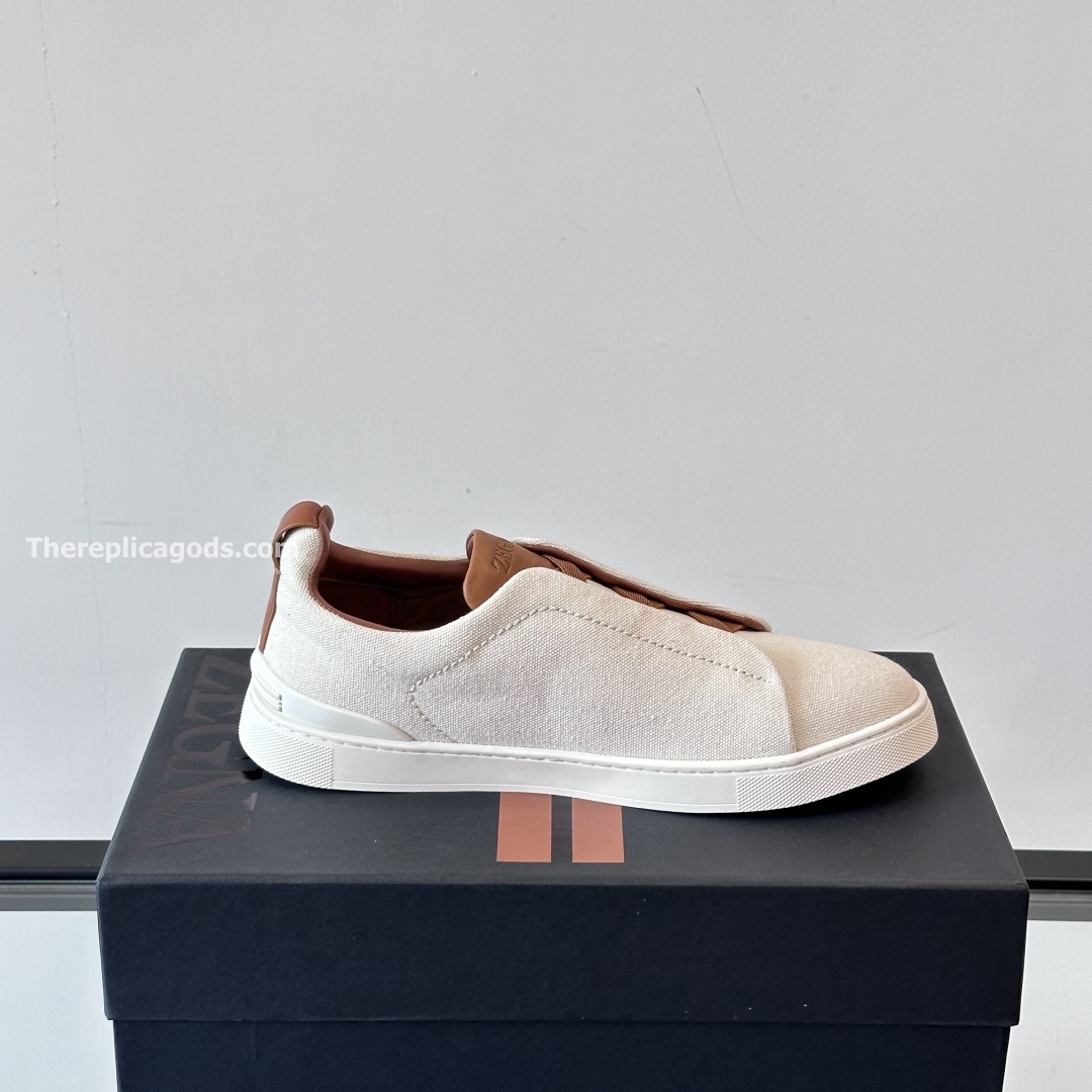 DUST WHITE COTTON LINEN AND LEATHER TRIPLE STITCH SNEAKERS