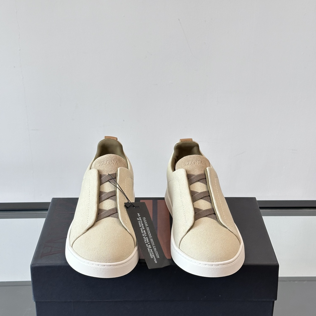 LIGHT BEIGE COTTON LINEN AND LEATHER TRIPLE STITCH SNEAKERS