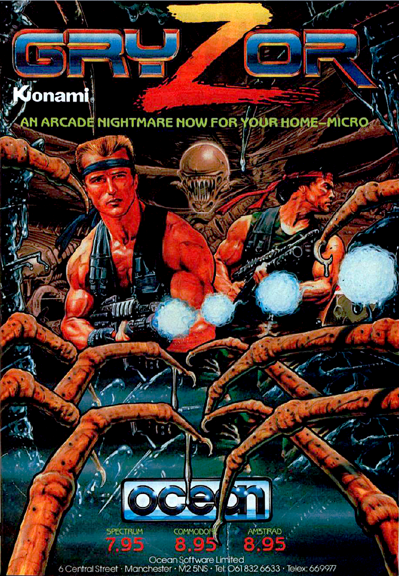 Image For Post | Cheat code 
Contra's infamous code for 30 lives [up, up, down, down, left, right, left, right, B, A, Start] has become a minor part of video game geek culture, appearing on T-shirts and referred to in movies and television shows, and being mentioned as one of the greatest gaming moments of all time by the magazine Game Informer. 

Cover Art
The protagonists illustrated on the front cover (Bill and Lance) were both borrowed heavily from two different Arnold Schwarzenegger (Predator - directed by John McTiernan, 1987) poses.
European version
The game's European NES release was censored, changing the main character and other human-looking enemies to robots. Characters remained human in other European releases.

Removed content
There are a large amount of content that was cut between the original Japanese Famicom release and subsequent international NES releases. There is an opening sequence that explains the story, as well as a map screen between stages much like in Ghosts 'N Goblins. These sequences were both cut, along with the music that plays during them. Many stages featured additional visual effects, such as blowing trees on the first stage, falling snow on the fifth stage, and literally the entire level pulsating on the eighth stage. The original version also features a slightly longer ending sequence with an added scene. There is also even a hidden stage select menu.

Despite this, the game itself plays identically, as no changes were made that affect gameplay. The large amount of content removed reduced the game's data from 2 megabits to 1, suggesting this was done to save on manufacturing costs due to using a smaller ROM size. 

References
The ending environment is very similar to the movie Aliens. Also, the cover of the American release features two soldiers who are slightly modified and repainted images from the movie Predator. 

Story [ports and sequels] 

The original Contra and its sequel, Super Contra, were set in the distant future, during the 27th century (in 2633 and 2634 respectively). The Famicom (Japanese NES) port even had an introduction sequence detailing the plot. However, when the NES version was localized, the cut-scenes were removed due to the fact that Konami was forced use a standard Nintendo-made mapper instead of the proprietary VRC4 mapper they used for the Japanese version (Nintendo had made no such restriction in Japan regarding the use of custom chips and cartridges, thus third-party companies were allowed to take such liberties if they wanted).

Since the US NES version had no in-game storyline, the author of the US manual took the liberty of placing the game's plot in the present. Moreover, the setting was changed from the fictional Galuga archipelago to the Amazons and the nicknames "Mad Dog" and "Scorpian" were given to the main characters, Bill and Lance (who also lost their surnames in the process).

When the series made it's appearance on the SNES in the form of Contra III: The Alien Wars, the intro made it clear that the game was set in the future (2636). Since there was no way cover their previous mistakes, the author of the manual this time declared that the main characters in Contra III were not Bill and Lance, but their apparent descendants, Jimbo and Sully.

Ironically enough, the censored Probotector games released for the European NES had manuals that were more faithful to their Japanese counterparts than the American versions.

Title 

The English title of Contra comes from the way the title is phonetically displayed in Japanese, using the characters "Kon To Ra". The literal meaning behind these characters seems unimportant: "kon" means "spirit", "to" means "battle" and "ra", means some sort of cloth. Literally this would translate to something similar to "Battle Spirit Cloth". An alternate source of translation claims that the title translated is "Soul Big Dipper Gauze".

Regardless of the literal meaning, the title seems to have been written as a "gikun". What that means is that the phonetics of the title are more important than the actual meaning itself.

It has been suggested by some that the intent behind the name is even more complicated than that. "Kon To Ra" purposely chosen to sound like "Contra", a term popularly used to describe armed guerrilla forces in Central America during the 1980s. 

Alternate Titles

    "魂斗羅" -- Japanese spelling
    "魂斗罗" -- Chinese spelling (simplified)
    "Kon To Ra" -- Japanese gikun phonetic title
    "Gryzor" -- European Arcade/Computer title
    "Arcade Archives: Contra" -- PS4 title