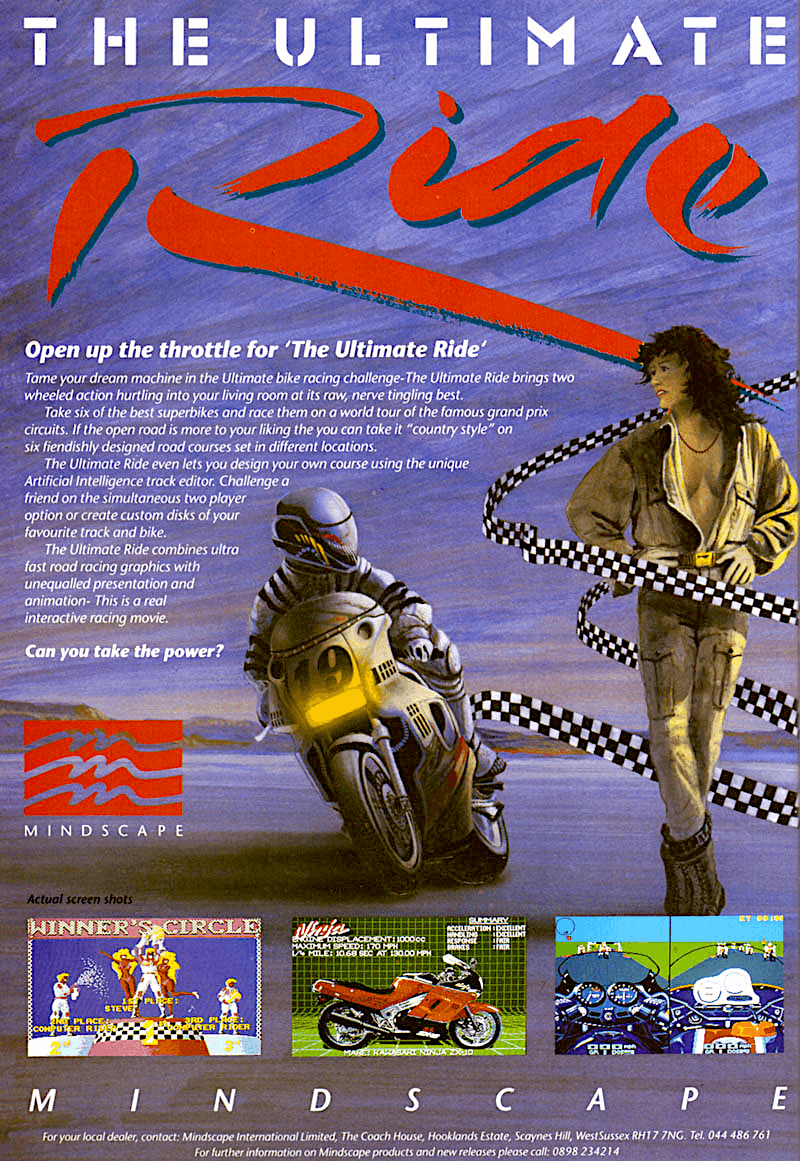 Image For Post | The Ultimate Ride is a first-person motorcycle racing game featuring six Japanese bikes to choose from. The player participates in races (either with our without qualifying lap) and tries to win them. While not a simulation, the game's controls are more on the realistic side, requiring the player to drive carefully with the powerful machines given.

The most important aspect of the game are the courses: there are six traditional courses modeled after real-life ones and six which lead over countrysides. On those the player also has to worry about obstacles like animals on the road or other vehicles (there is no oncoming traffic, though). The only customization options for the bikes are the choice between manual or automatic gears and three tires which should be chosen dependent on the course and weather conditions. There is also an editor to design new courses.
