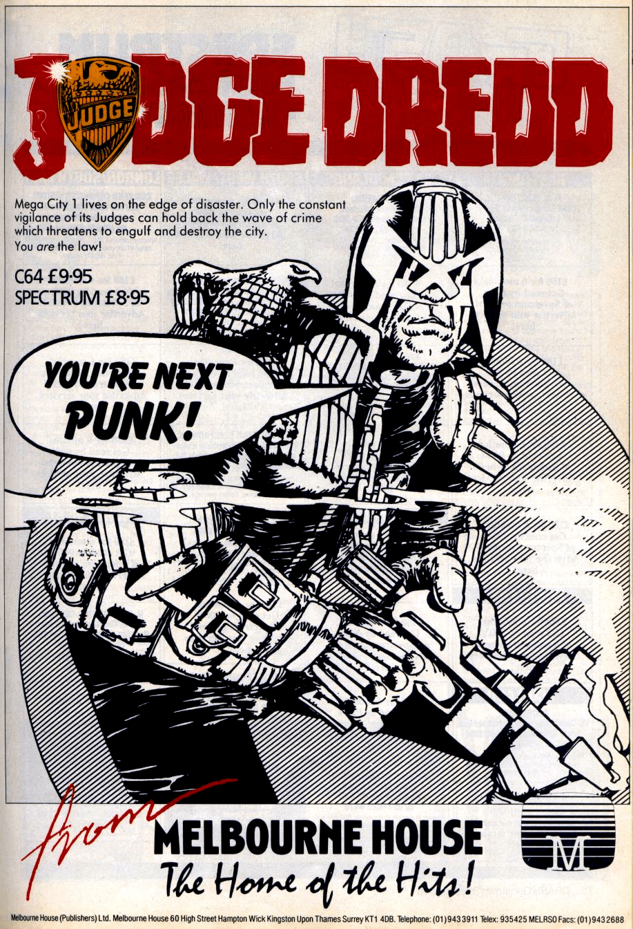 Image For Post | **Description**  
You are Judge Dredd. Your job is to track down unsolved crimes in Mega City and solve them. To do this you have your Lawmaster bike and your Lawgiver gun.

In Mega City solving crimes means shooting anyone who looks like a threat, a perp, a seed, and that's just about everyone.

It's a nice idea though. You start on a screen that represents Mega City. Around the city crimes are being committed, these are represented by white tiles saying 'arson' murder' etc. Your task is to navigate to each crime and hit the fire button. This takes you into that location where you blow everyone away in a platform like shoot 'em up. Then it's exit the location, go to the next, and repeat.

While you're doing this there's a decent synth-rock sound track playing but no sound effects, just an on-screen comic book 'BLAM' when you fire your gun.
