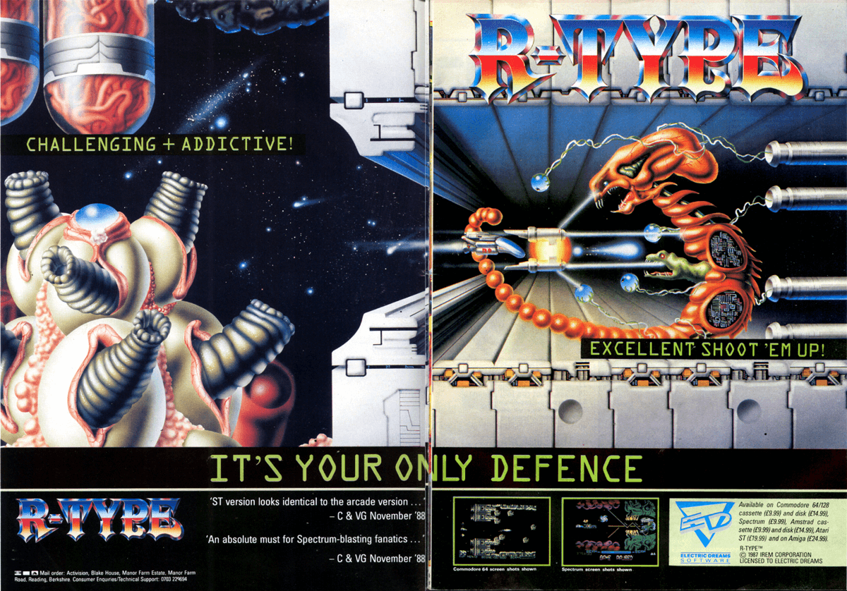 Image For Post | **Description**  
R-Type is a side scrolling shoot 'em up best known for its extremely tough and strategic gameplay. You control the R-9 spaceship as it launches a last-ditch effort to repel the evil Bydo empire.

The stages of R-Type are made in an organic style, certainly inspired by H. R. Giger's artwork for the Alien movies. When it came out, it was considered trend-setting since it broke off from the stereotypical sci-fi mould of other shoot'em'ups. 

In part, the levels themselves are your enemy, which is exemplified by the fourth, where spider-like creatures weave webs that cover the screen and block your path, or levels with intricate tunnel systems. Still, the levels are best handled with a combination of strategy and reflexes, without the memorisation that is required of R-Type's contemporary rival, Gradius.

**Commodore 64**  
The C64 version was coded by Manfred Trenz, which is ironic as he was behind the infamous R-Type clone Katakis. This was in fact Electric Dreams' second attempt at a C64 version of the game - the first (coded by David Jolliff and James Smart) was the one featured in a demo given away by Computer and Video Games. 

This appeared to be shaping up as a good conversion, although a bit slow, but it was taking too long, leading Electric Dreams to replace it with a quicker-to-finish version.

**Commodore 64 Port: Limitations**  
Stage 6, The Transport System, has been dropped completely and every stage after the third one has a very unfinished feel to it.

The final boss (in the stage with the flying green babies) is not finished making it pathetically easy to beat. It fires only one type of energy shot which flies in a horizontal line. The homing balls, energy blobs and flying babies are all missing.

There is no end sequence. The game just ... stops.