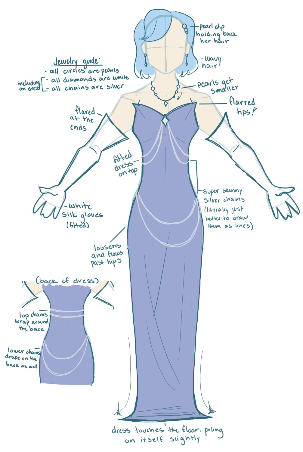 Mayo's outfit concept for Ally's formal dress. There's notes explaining how every design choice works. Pearl clip holding back her hair. wavy hair. pearls get smaller. fitted dress on top flarred tip! super skinny silver chains (literally just better to draw them as lines) loosens and flows past hips. (back of dress) top chains wrap around the back. lower chains drape of the back as well. dress touches the floor, piling on itself slightly. white silk gloves (fitted) flared at the ends. Jewelry guide: all circles are pearls. all diamonds are white. all chains are silver, including on dress