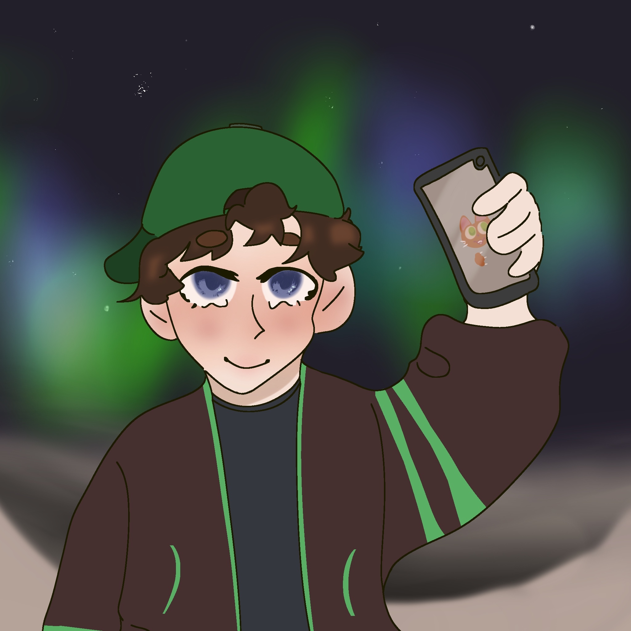 Image For Post | His rblx avatar holding a phone (before or after taking a selfie maybe) in front of the aurora boreal.