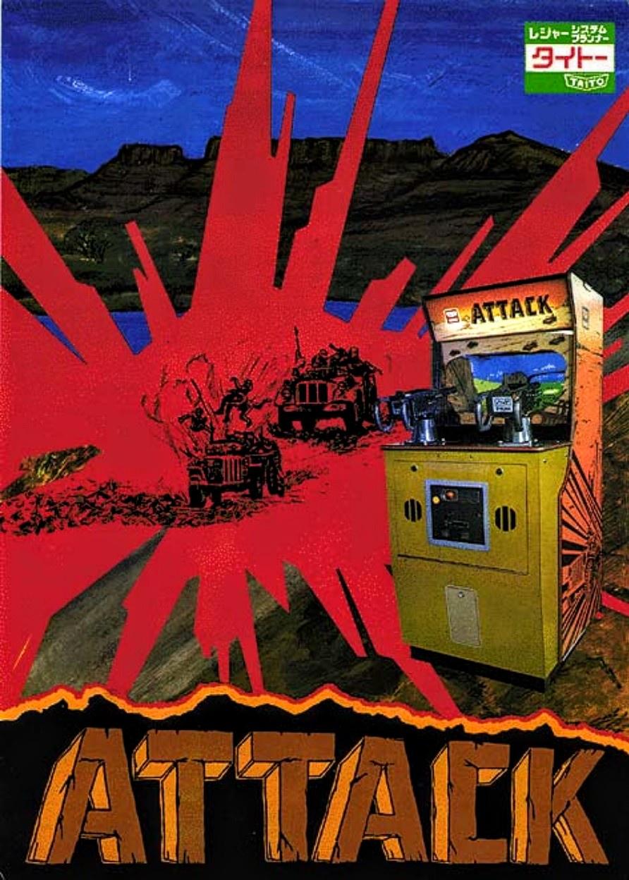 Image For Post | Attack is a 2-player competitive shooting gallery. Both players have a mounted machine gun with swivel aiming. Their goal is to destroy as many passing trucks (worth 10 points each) as possible within the 90 seconds of one credit. If either player scores 300 points an additional 90 seconds of playtime will be added. Trucks can drive onto the screen from both sides of the screen, and trucks farther away are smaller and harder to hit.