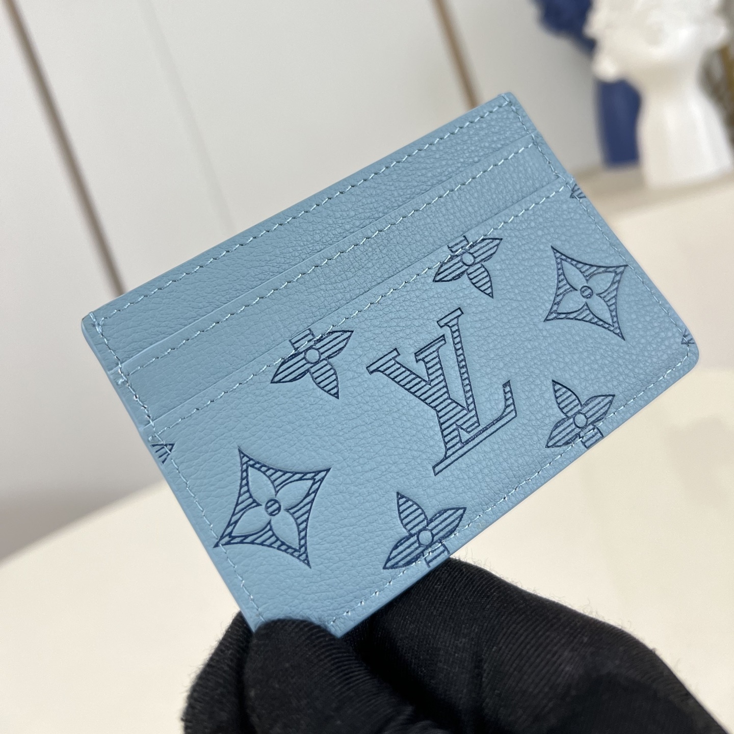 DOUBLE CARD HOLDER SKY BLUE MONOGRAM SHADOW CALF LEATHER M14791