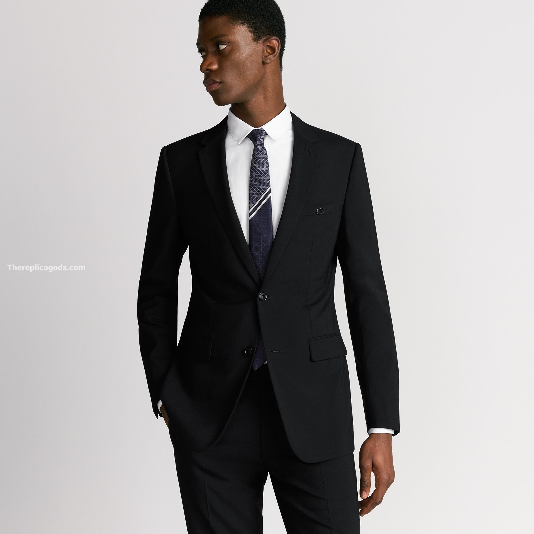 STRIPED OBLIQUE TIE NAVY BLUE, GRAY AND WHITE SILK