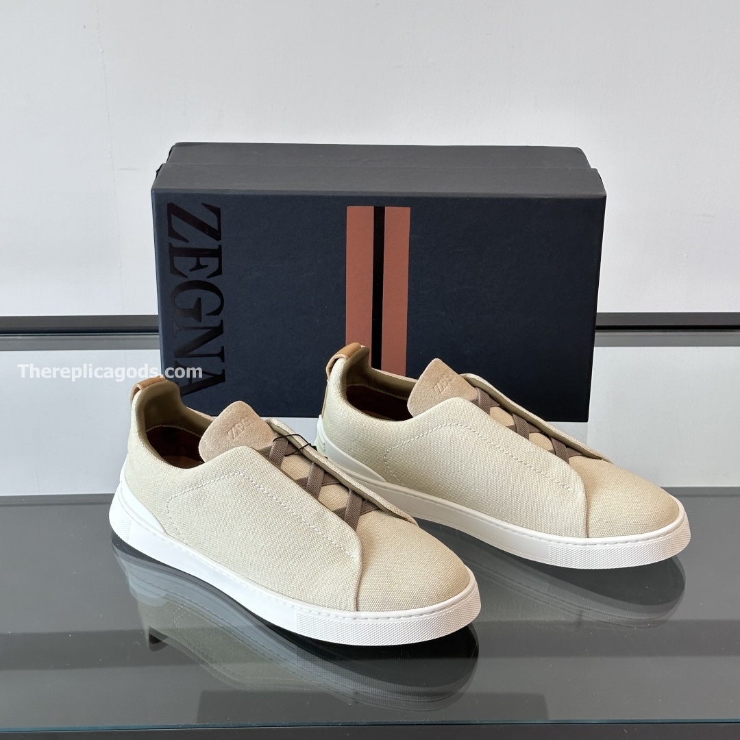LIGHT BEIGE COTTON LINEN AND LEATHER TRIPLE STITCH SNEAKERS