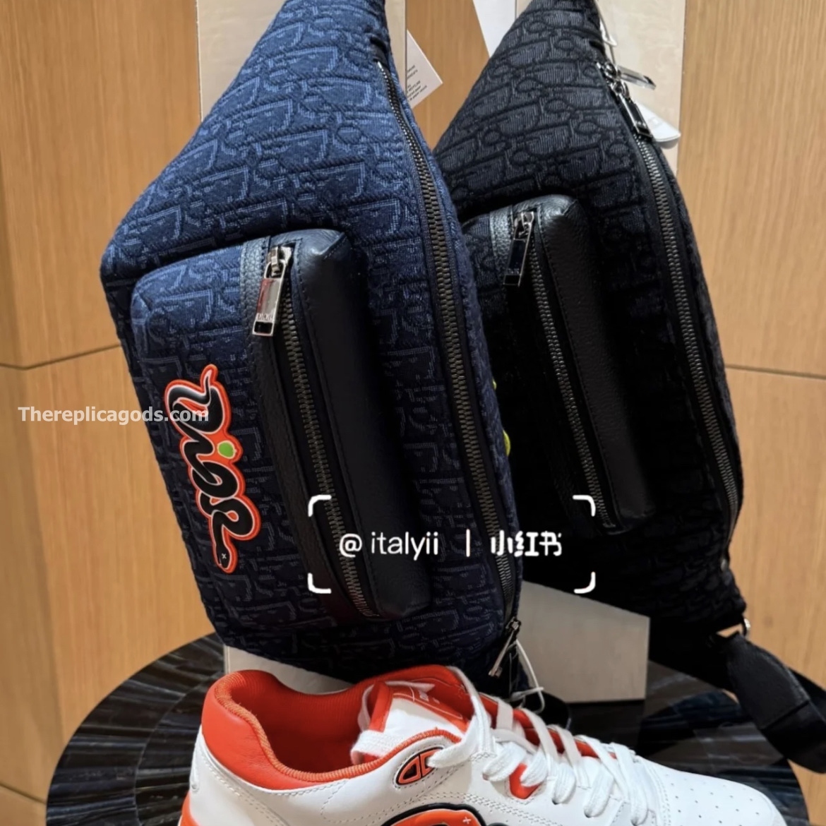 AND KAWS RIDER 2.0 BELT BAG NAVY BLUE OBLIQUE JACQUARD AND GRAINED CALFSKIN
