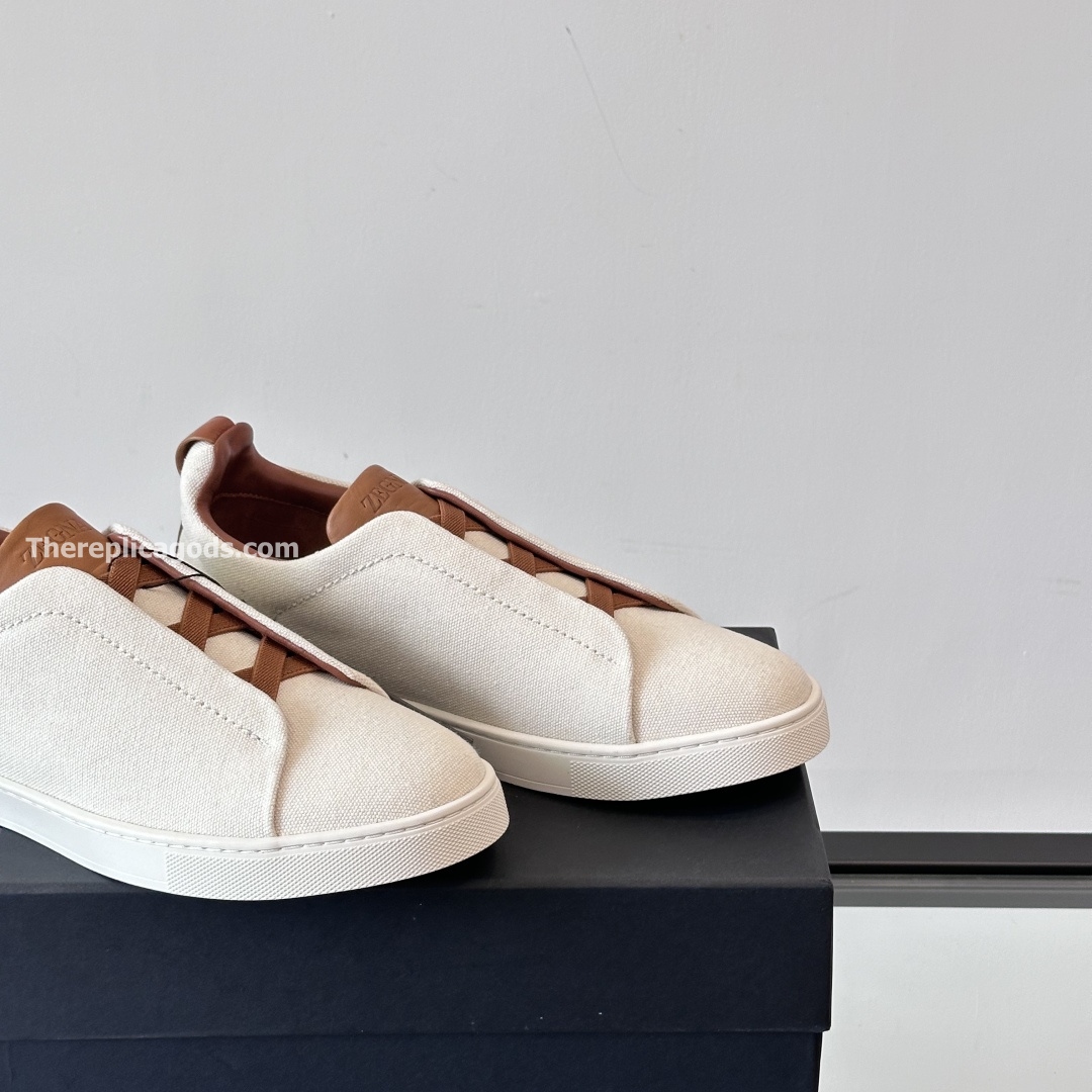 DUST WHITE COTTON LINEN AND LEATHER TRIPLE STITCH SNEAKERS