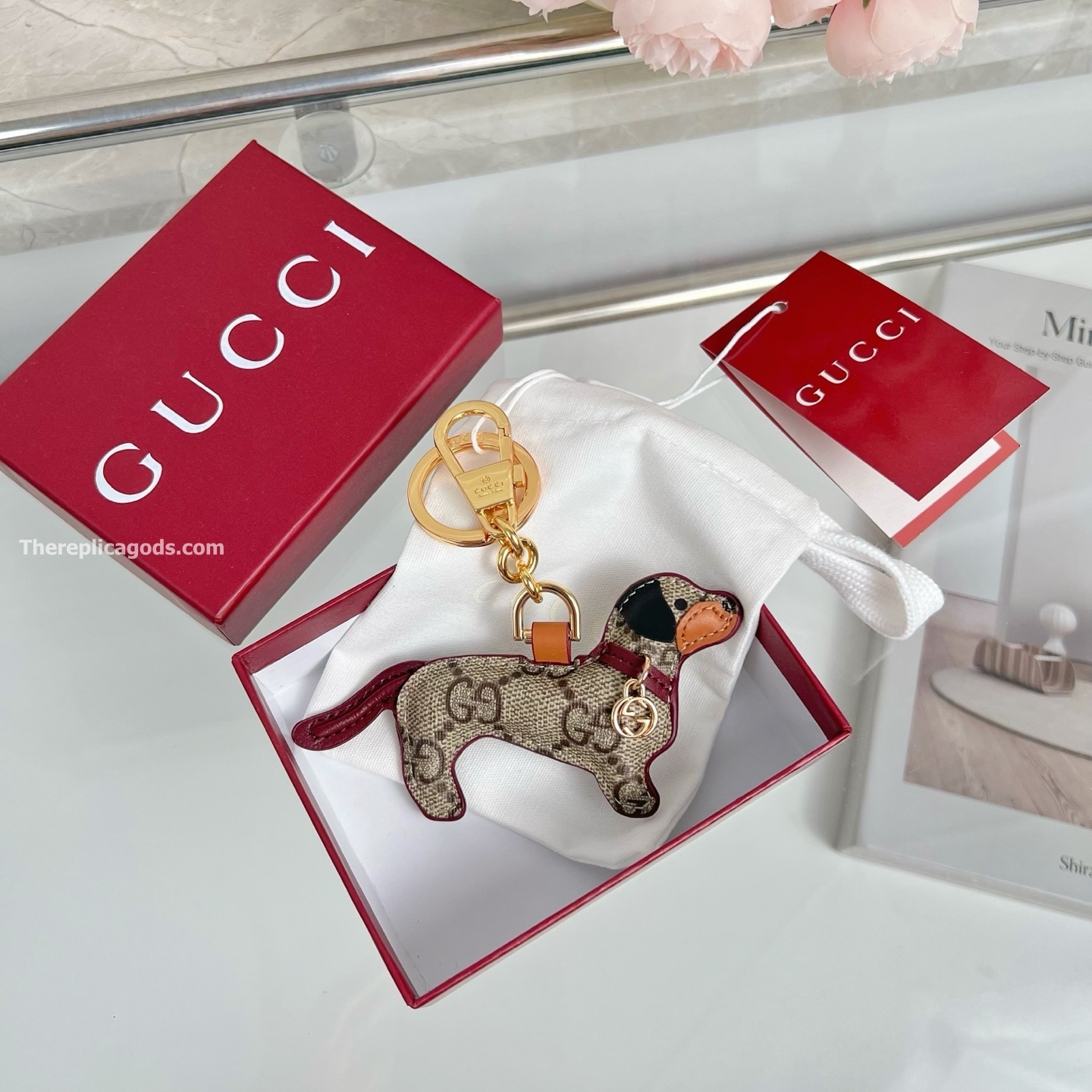 DOG-SHAPED BAG CHARM BEIGE AND DARK BROWN NEW GG MONOGRAM CANVAS