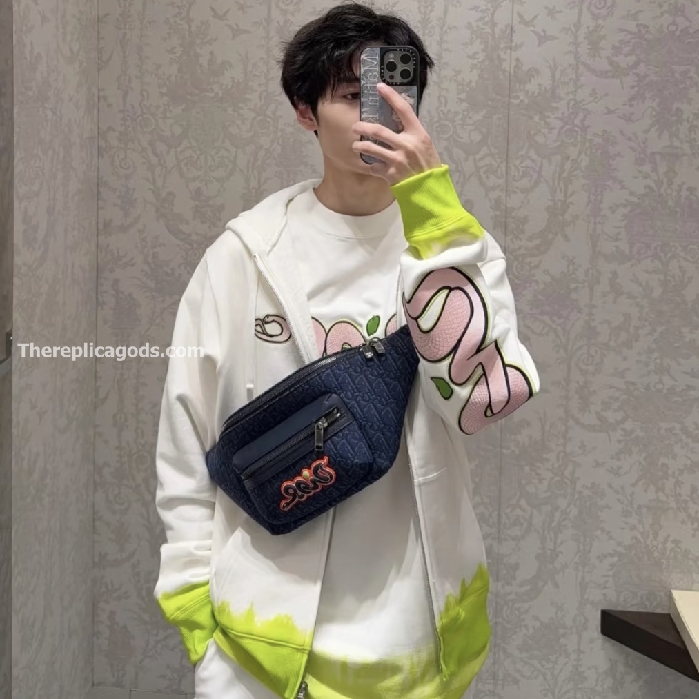 AND KAWS RIDER 2.0 BELT BAG NAVY BLUE OBLIQUE JACQUARD AND GRAINED CALFSKIN