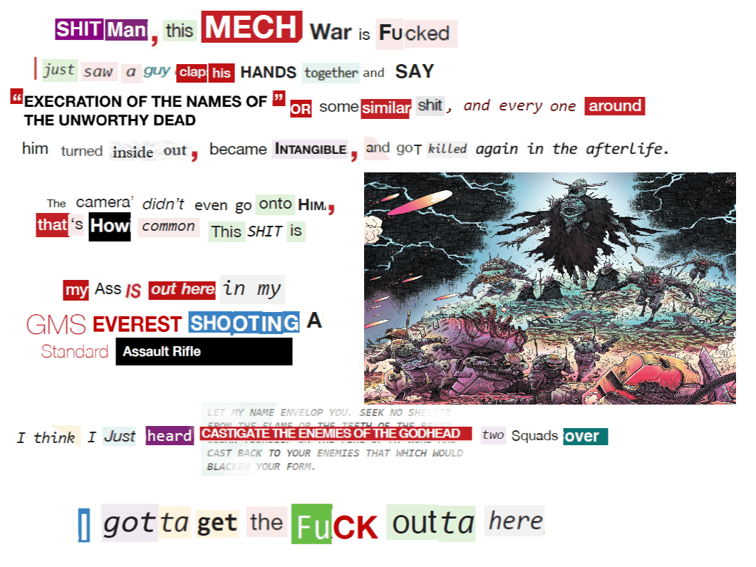 An image of a terrifyign Lancer mech, resembling a person wearing rags floating above the ground, thunderbolts crackling around it, with the words '  Shit man, this mech war is fucked, Just saw a guy clap his hands together and say 'Execration of the Names of the Unworthy Dead' or some similar shit and everyone around him turned inside out, became Intangible, and got killed again in the afterlife. The camera didn't even go to him, that's how common this shit is My ass is out here in my GMS Everest shooting a standard Assault Rifle I think I just heard 'CASTIGATE THE ENEMIES OF THE GODHEAD' two squads over I gotta get the fuck out of here'