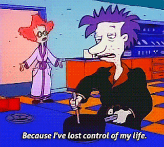 A moving image of the cartoon Rugrats where one of 
          the main characters Stu is stirring a pot in the kitchen at 4am with an exhausted look while saying
          'Because I lost control of my life' 