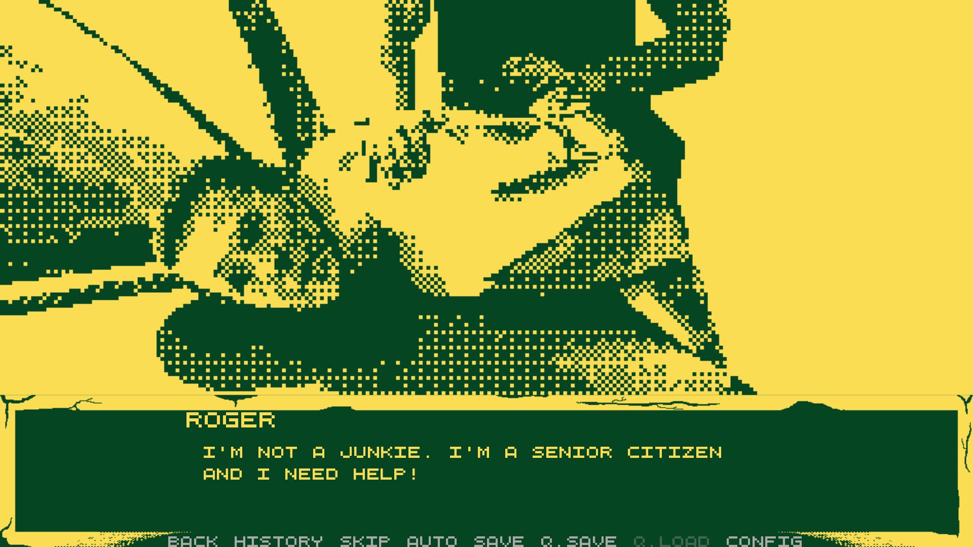 A naked man is held face down against the hood of a car, hands behind his back
        the dialogue box says 'I'm not a junkie, I'm a senior citizen and I need help!' 