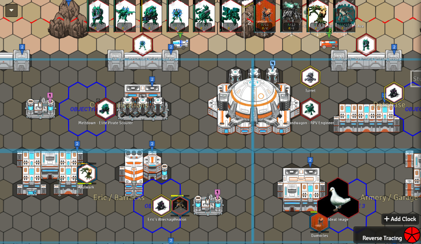 A screenshot of the Foundry VTT app, displaying a map for the tabletop game Lancer, with several mechs on the field, in a base, as well as buildings and vehicles between them, a large pigeon, and four objectives spread around four rectangular areas
