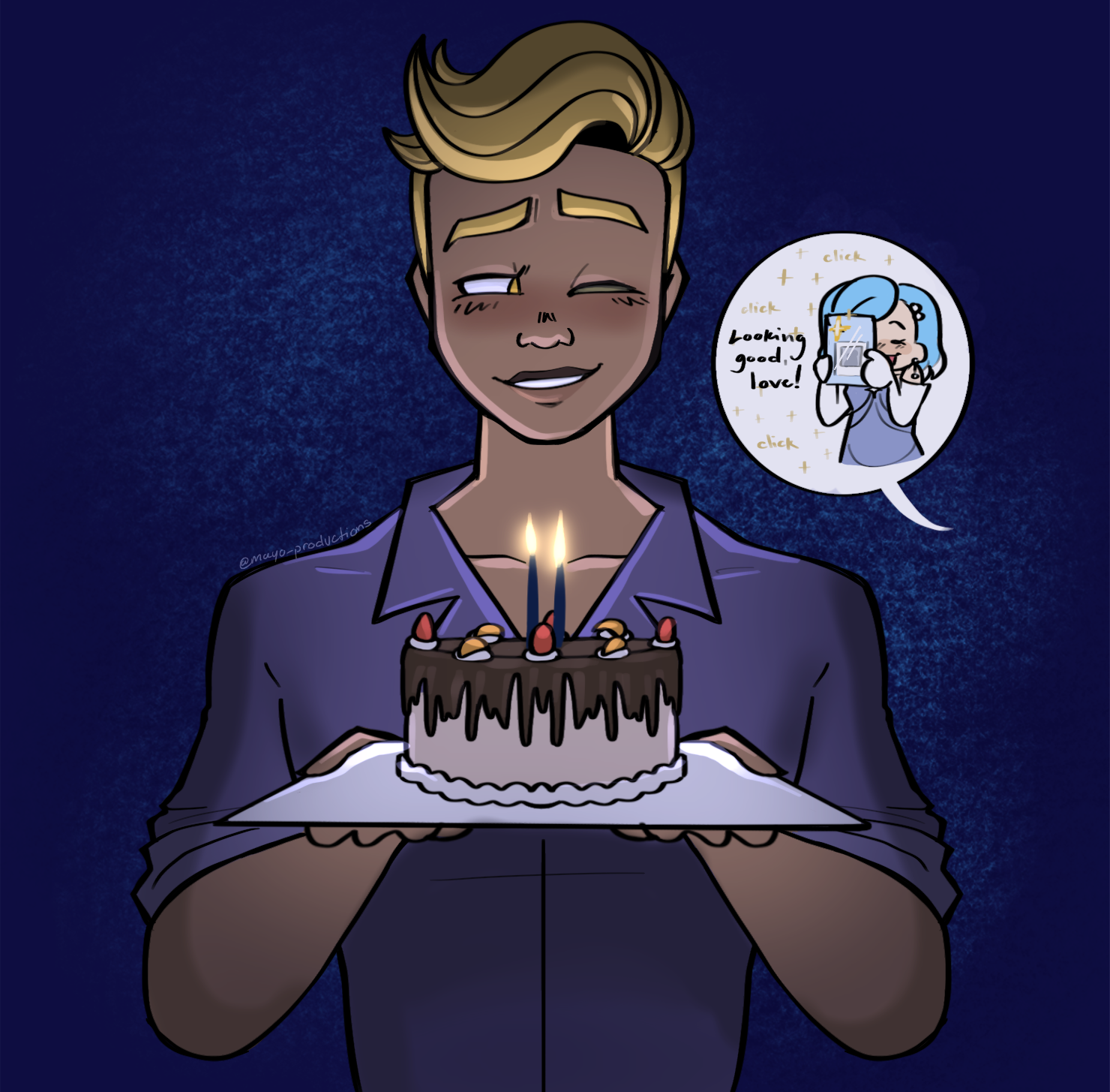 MAYO FORGOT CHASE'S BIRTHDAY AND FELT BAD SO SHE DREW THIS LMAO. Anyways, Chase is holding a birthday cake while Ally takes multiple pictures of him. Ally: Looking good, love!