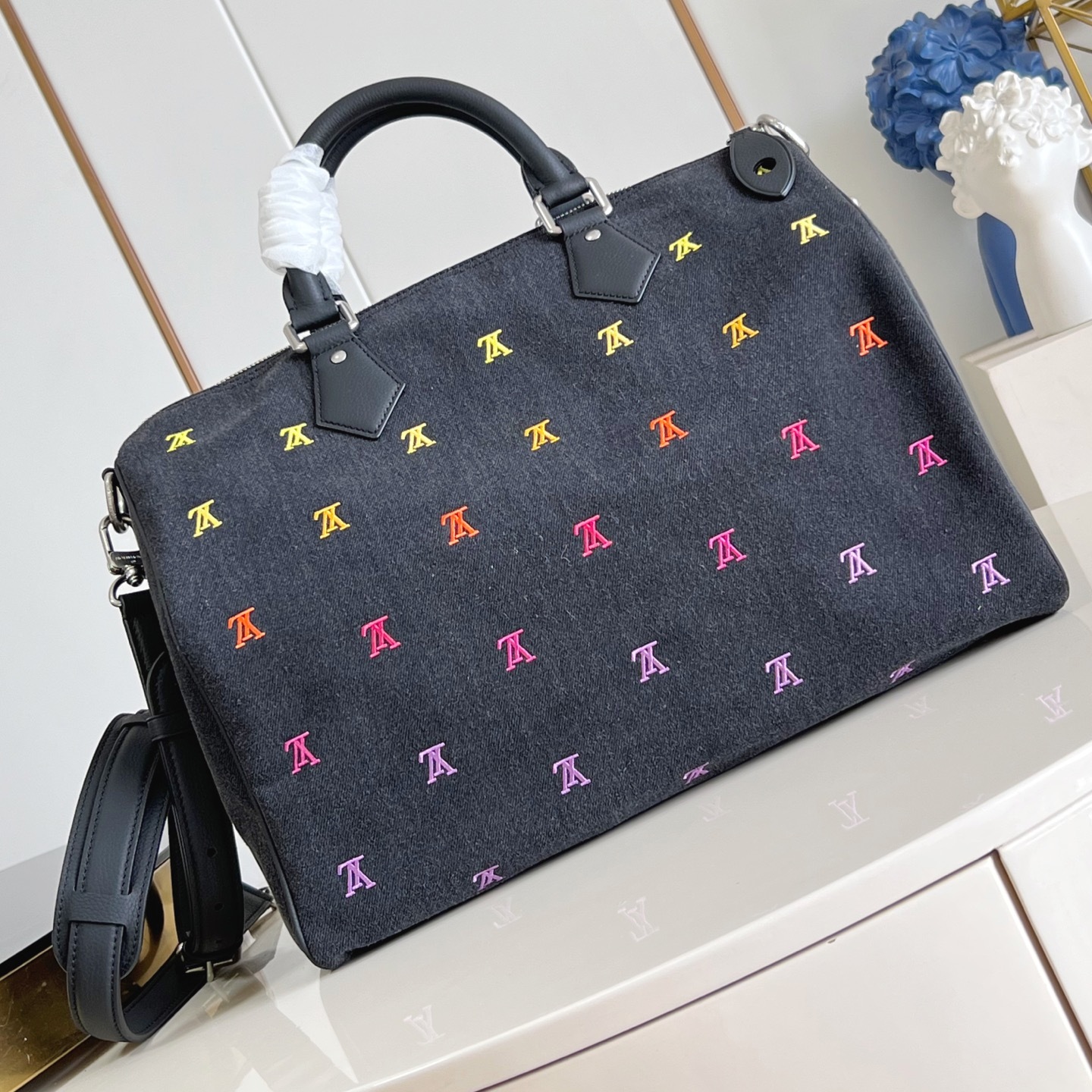 SPEEDY 40 BANDOULIERE GRADIENT ORANGE LV BLASON DENIM M14136