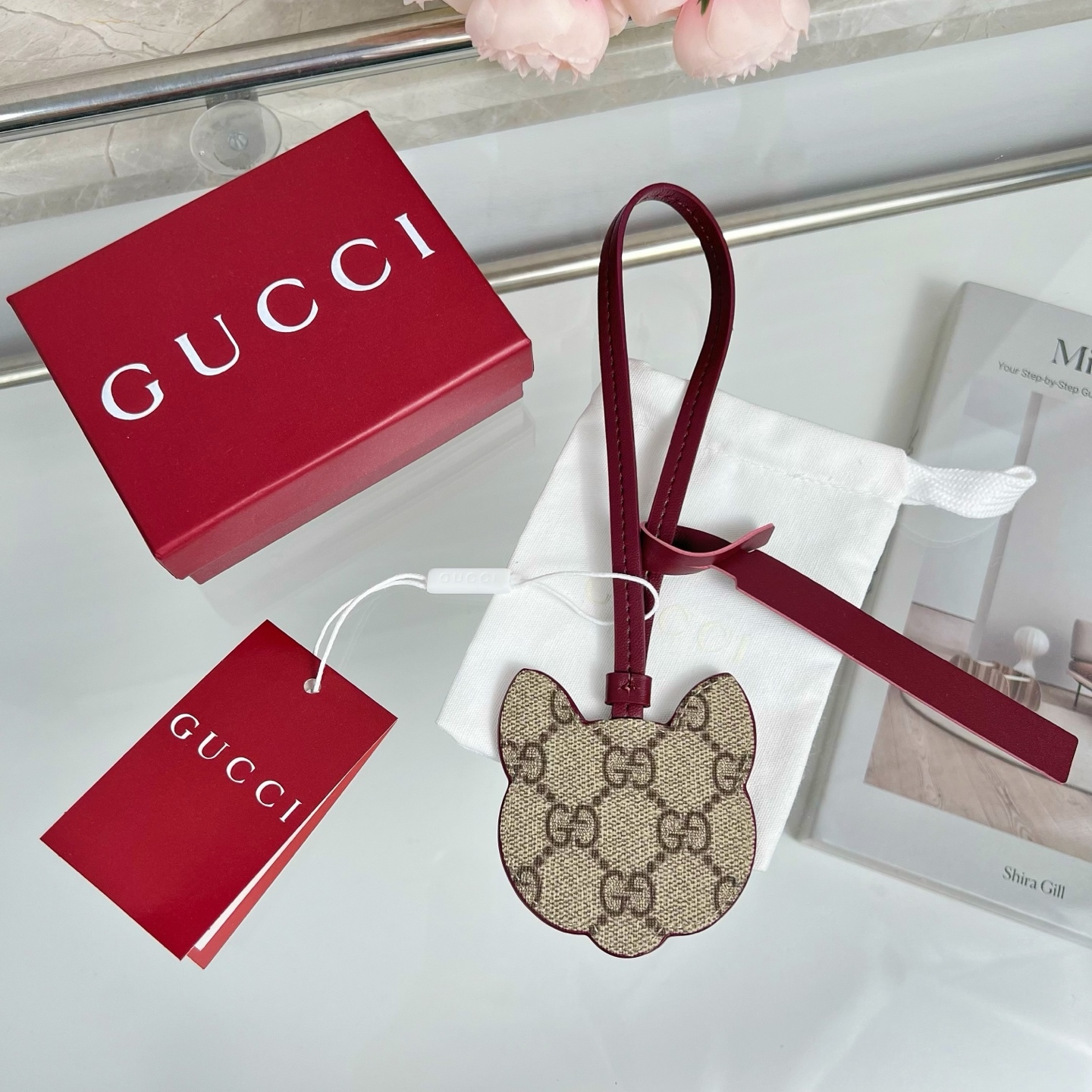 CAT-SHAPED BAG CHARM BEIGE AND DARK BROWN NEW GG MONOGRAM CANVAS