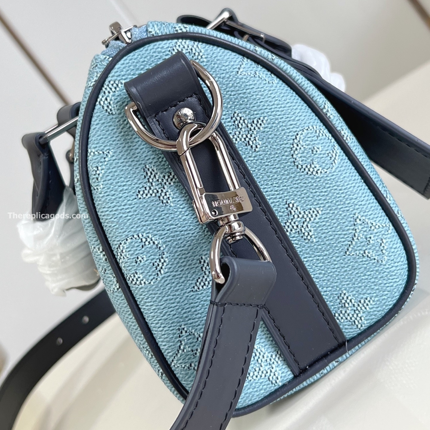 KEEPALL BANDOULIERE 25 BLUE MONOGRAM HERITAGE CANVAS M14681