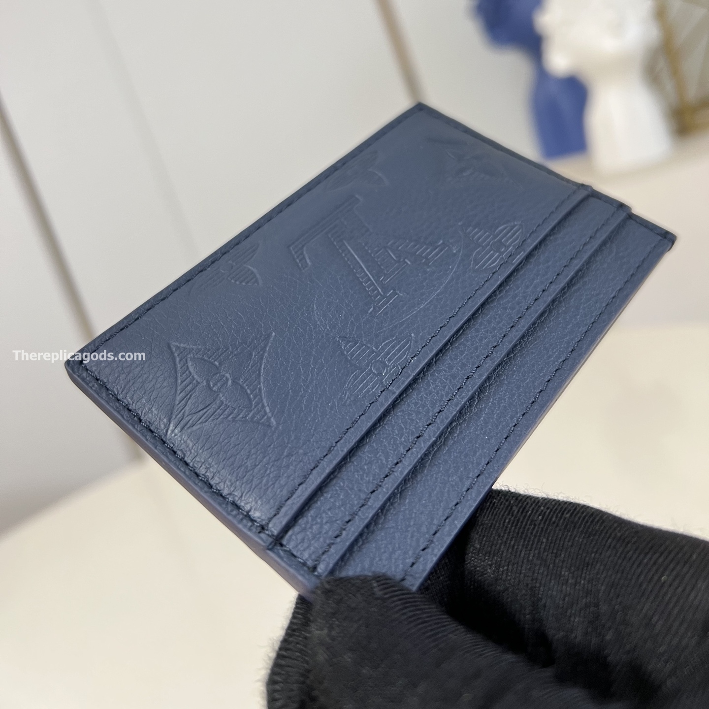 DOUBLE CARD HOLDER NAVY BLUE MONOGRAM SHADOW M14789