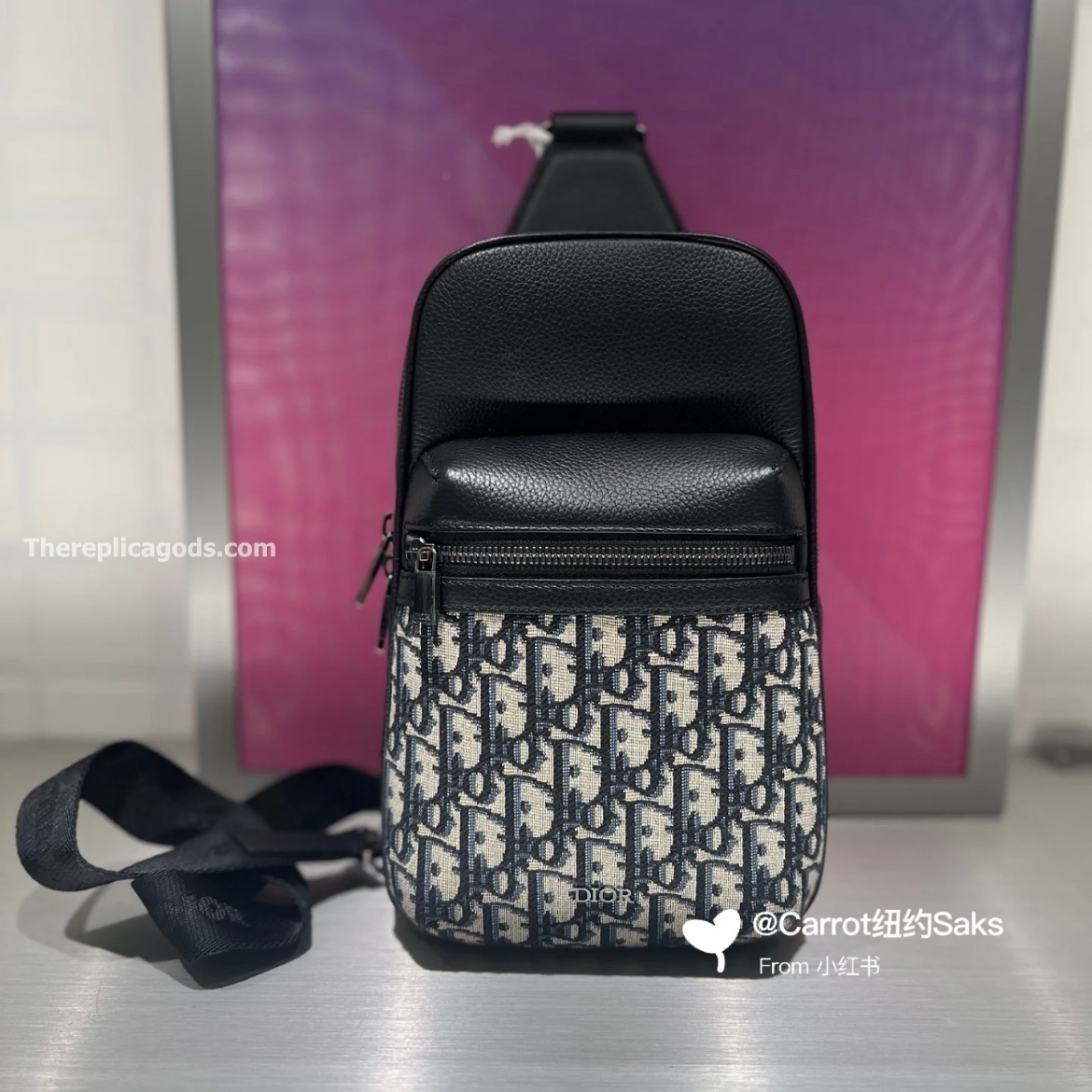 RIDER 2.0 SLING BAG BEIGE AND BLACK OBLIQUE JACQUARD WITH GRAINED CALFSKIN