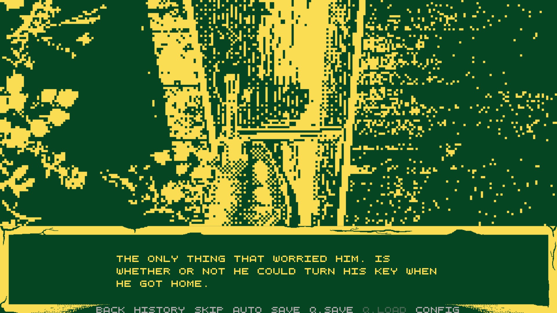 A man attempts to use a key to unlock his front door, the dialogue box 
          says 'The only thing that worried him is whether or not he could turn his key when he got home