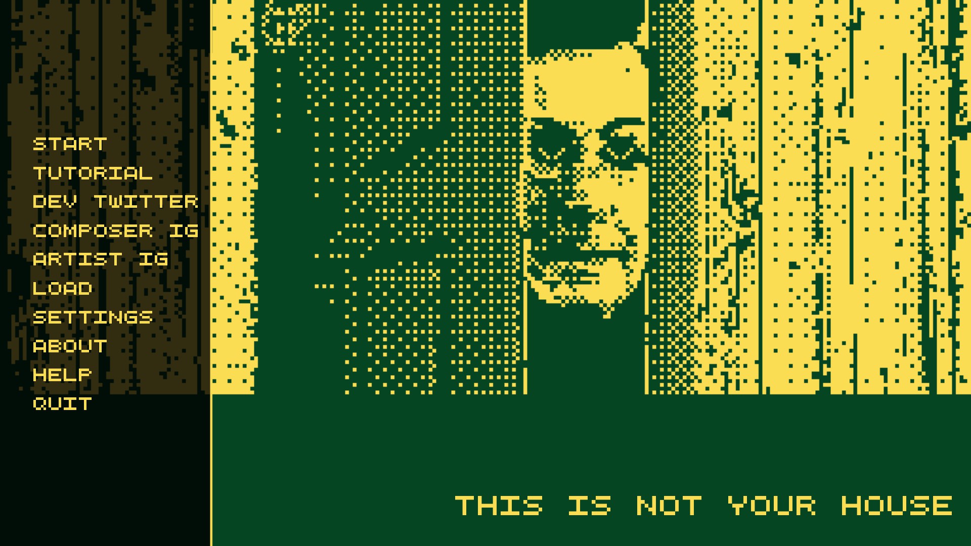 The title screen of the videogame This Is Not Your House,
        depicting a menu on the left with several options and the face of a woman behind a half-open door, 
        the title of the game on the lower right